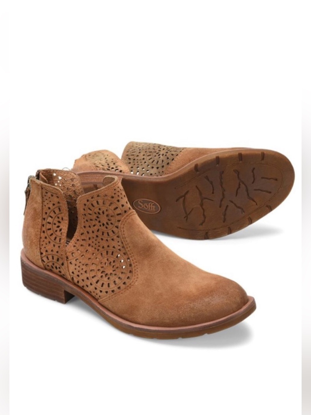 Sofft Barrosa Cut Out Cow Suede Tan Ankle Booties, size 10